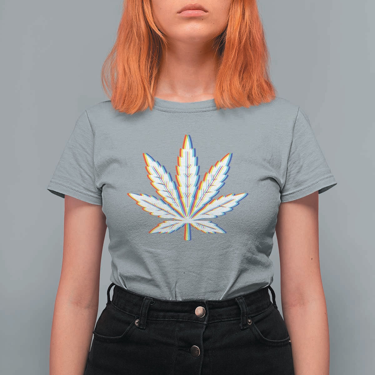 Cannabis Leaf Glitch Effect Graphic T Shirt For Women Retro RGB Distortion Weed and Stoner Lifestyle