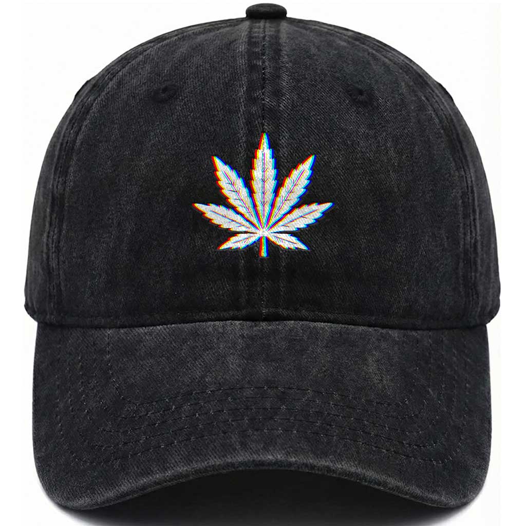 Cannabis Leaf Glitch Effect Graphic Washed Cotton Baseball Cap Retro RGB Distortion Weed and Stoner Lifestyle