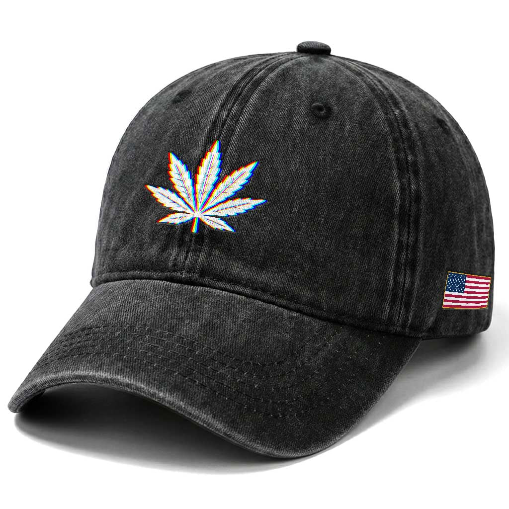 Cannabis Leaf Glitch Effect Graphic Washed Cotton Baseball Cap Retro RGB Distortion Weed and Stoner Lifestyle