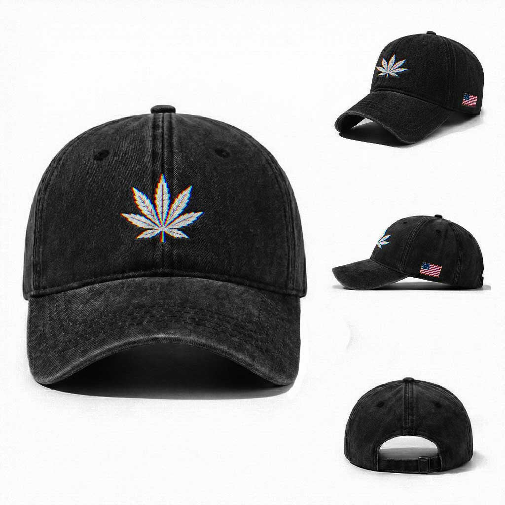 Cannabis Leaf Glitch Effect Graphic Washed Cotton Baseball Cap Retro RGB Distortion Weed and Stoner Lifestyle