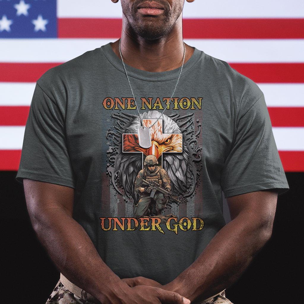 American Patriotic T Shirt One Nation Under God Christian Cross Bald Eagle - Wonder Print Shop