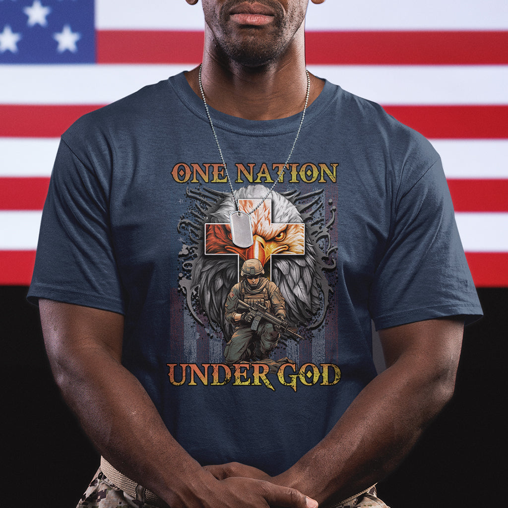 American Patriotic T Shirt One Nation Under God Christian Cross Bald Eagle - Wonder Print Shop