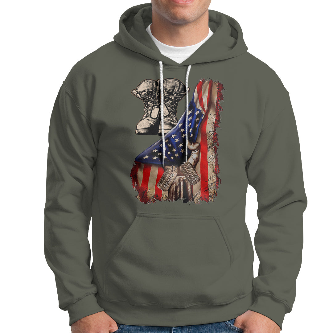 US Pride Hoodie American Flag With Combat Boots And Dog Tags - Wonder Print Shop