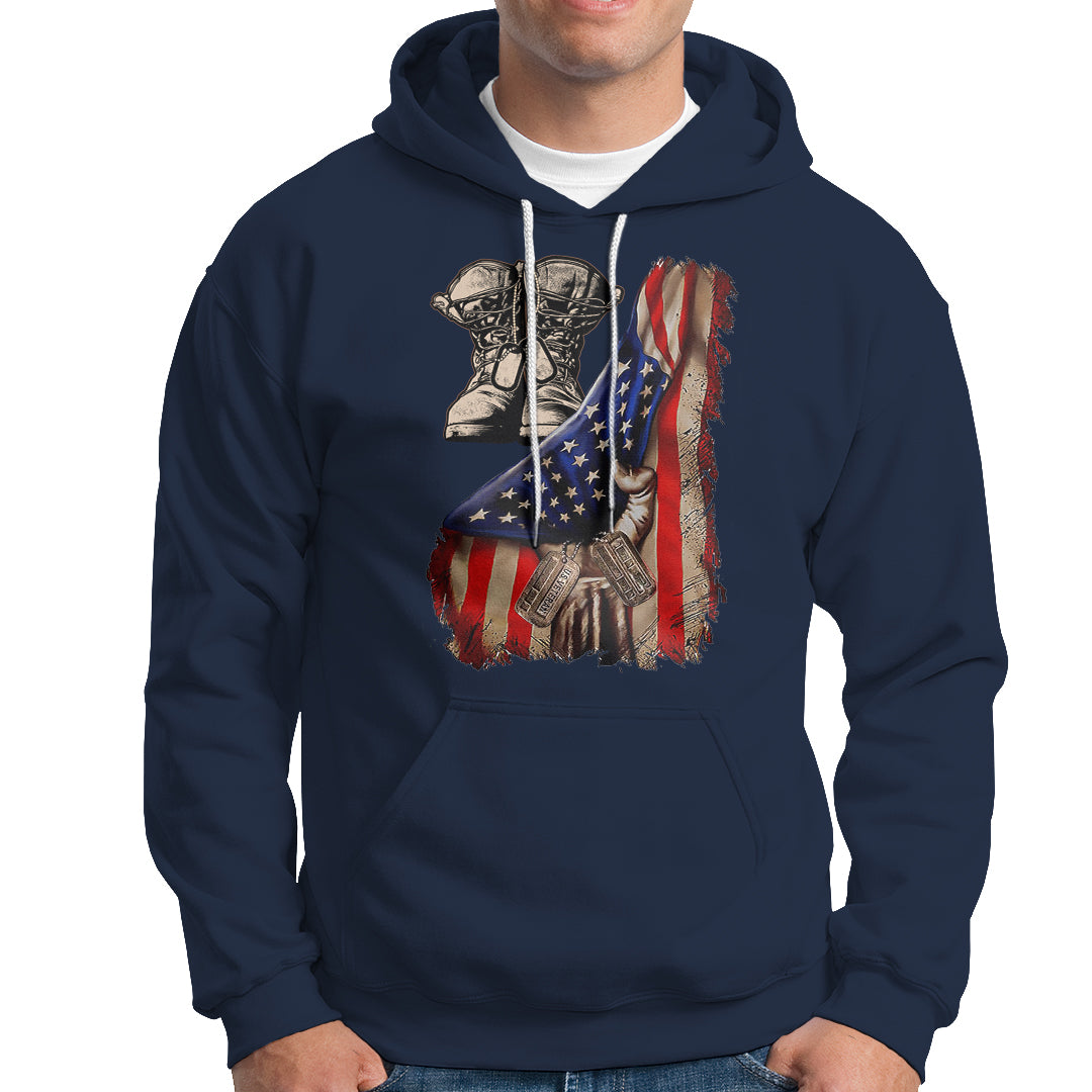 US Pride Hoodie American Flag With Combat Boots And Dog Tags - Wonder Print Shop