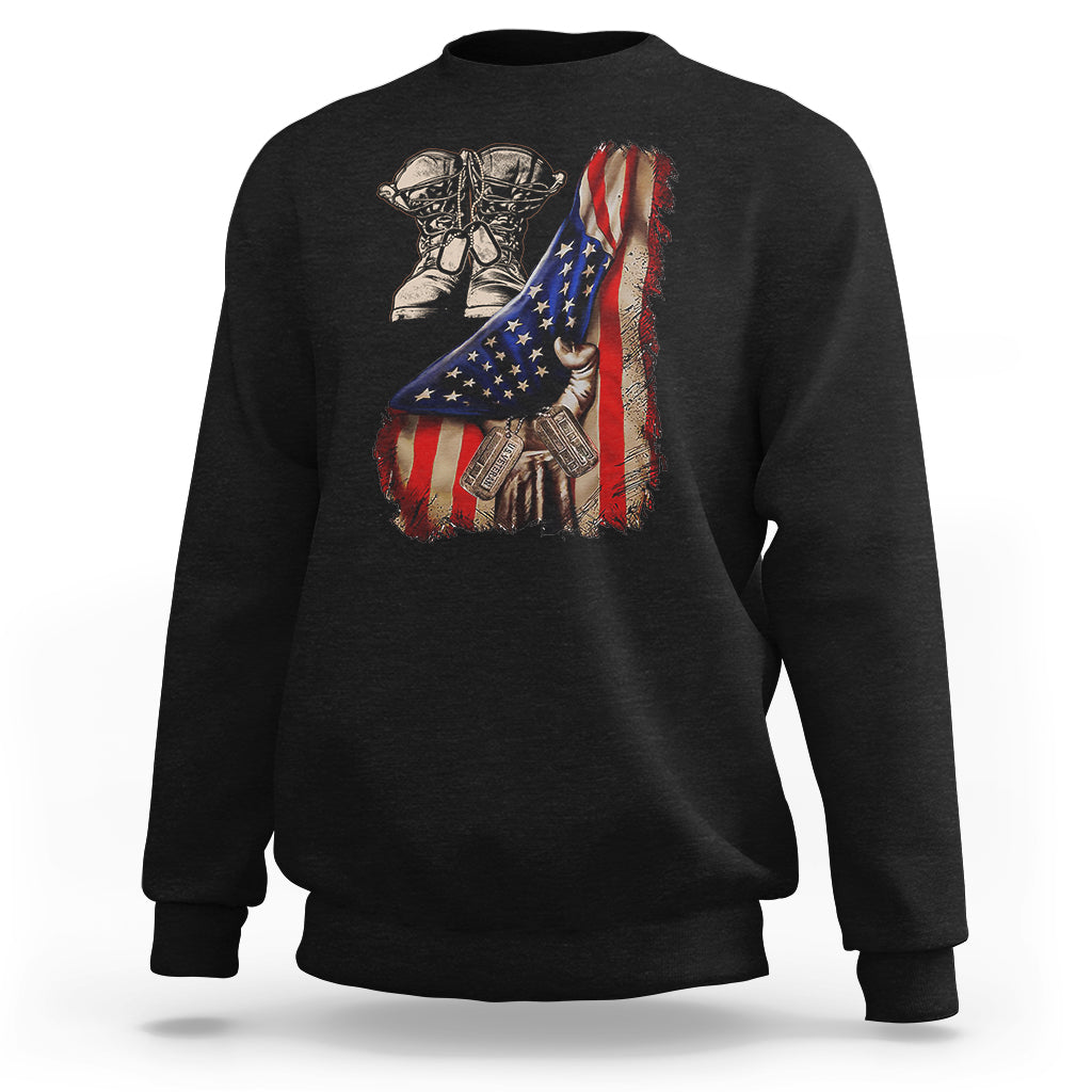 US Pride Sweatshirt American Flag With Combat Boots And Dog Tags - Wonder Print Shop