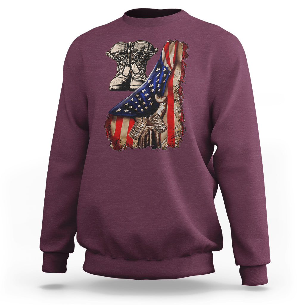 US Pride Sweatshirt American Flag With Combat Boots And Dog Tags - Wonder Print Shop