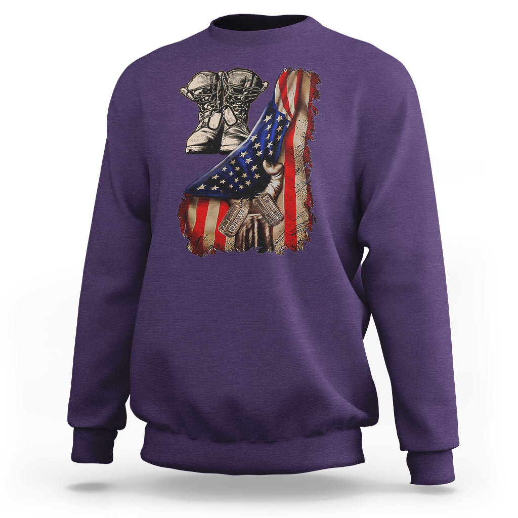 US Pride Sweatshirt American Flag With Combat Boots And Dog Tags - Wonder Print Shop
