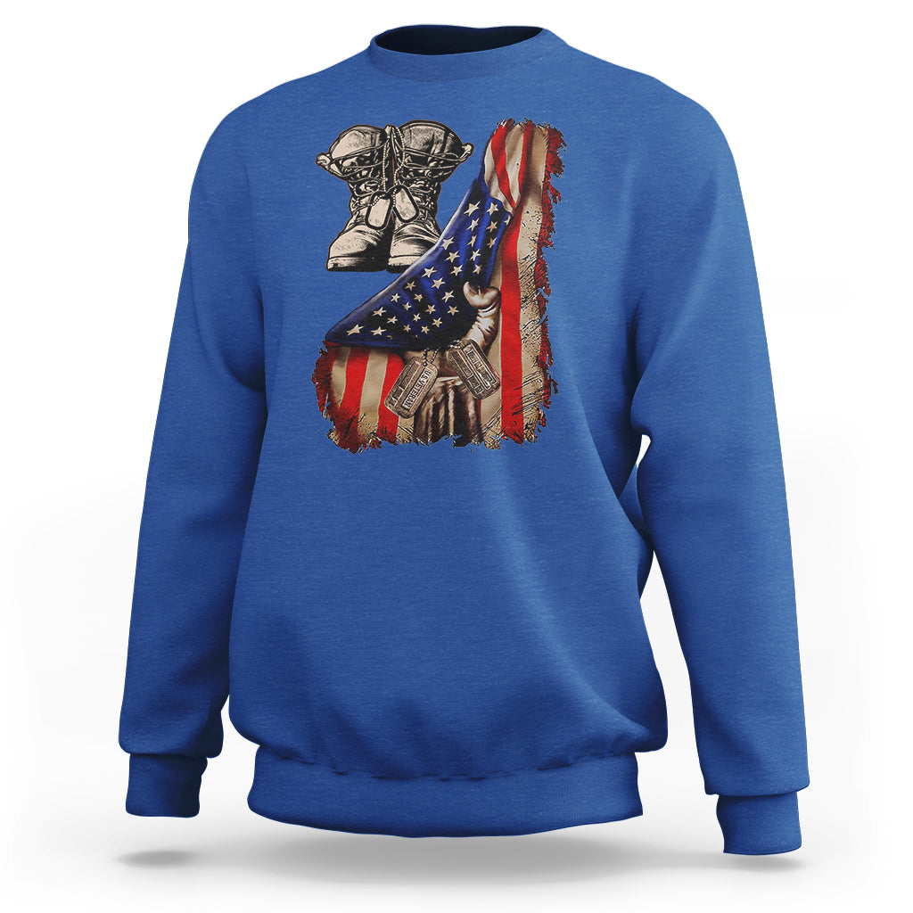 US Pride Sweatshirt American Flag With Combat Boots And Dog Tags - Wonder Print Shop
