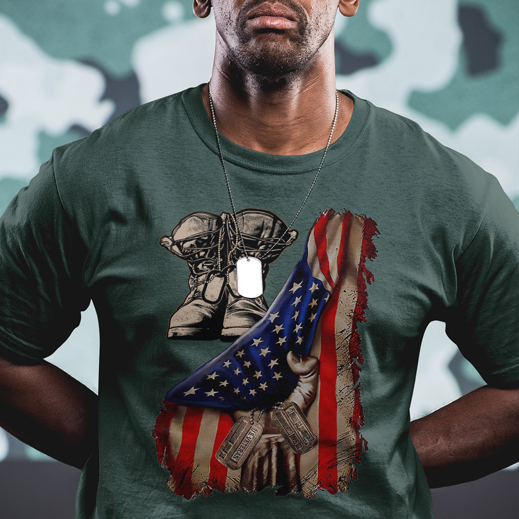 US Pride T Shirt American Flag With Combat Boots And Dog Tags - Wonder Print Shop