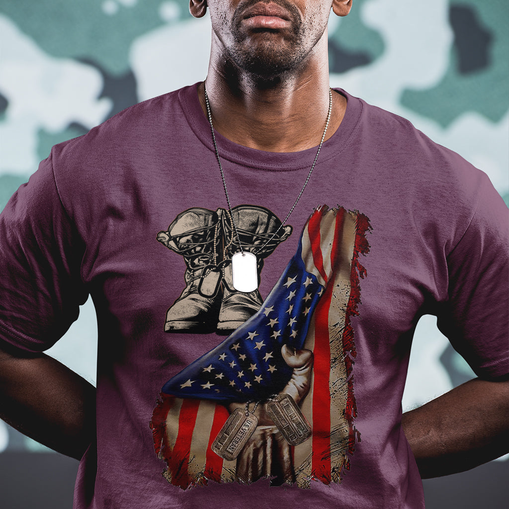 US Pride T Shirt American Flag With Combat Boots And Dog Tags - Wonder Print Shop