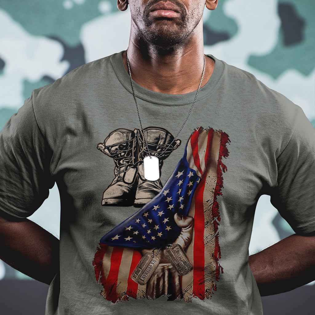 US Pride T Shirt American Flag With Combat Boots And Dog Tags - Wonder Print Shop
