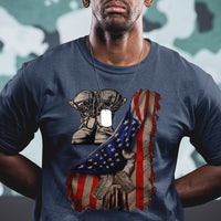 US Pride T Shirt American Flag With Combat Boots And Dog Tags - Wonder Print Shop