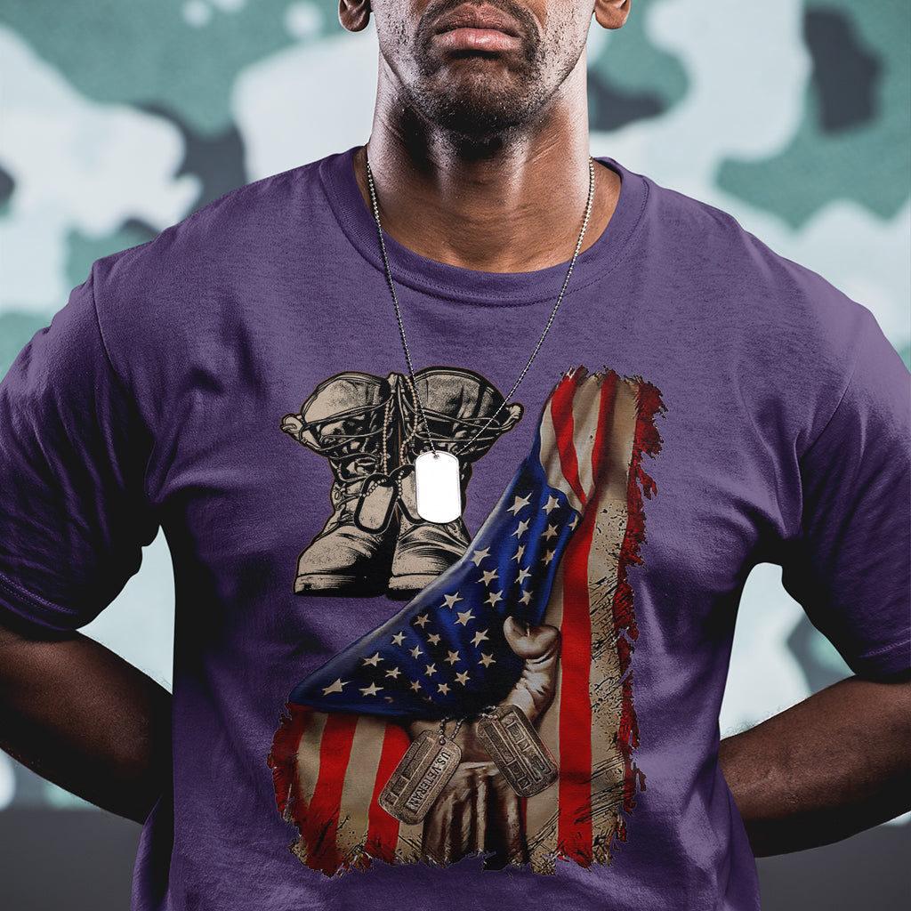 US Pride T Shirt American Flag With Combat Boots And Dog Tags - Wonder Print Shop