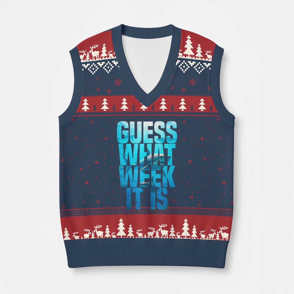Funny Shark Lover Week V-Neck Knit Sweater Vest Guess What Week It Is Blue Ocean - Wonder Print Shop