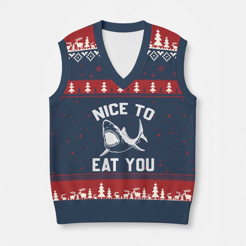 Funny Shark Lover V-Neck Knit Sweater Vest Nice To Eat You - Wonder Print Shop