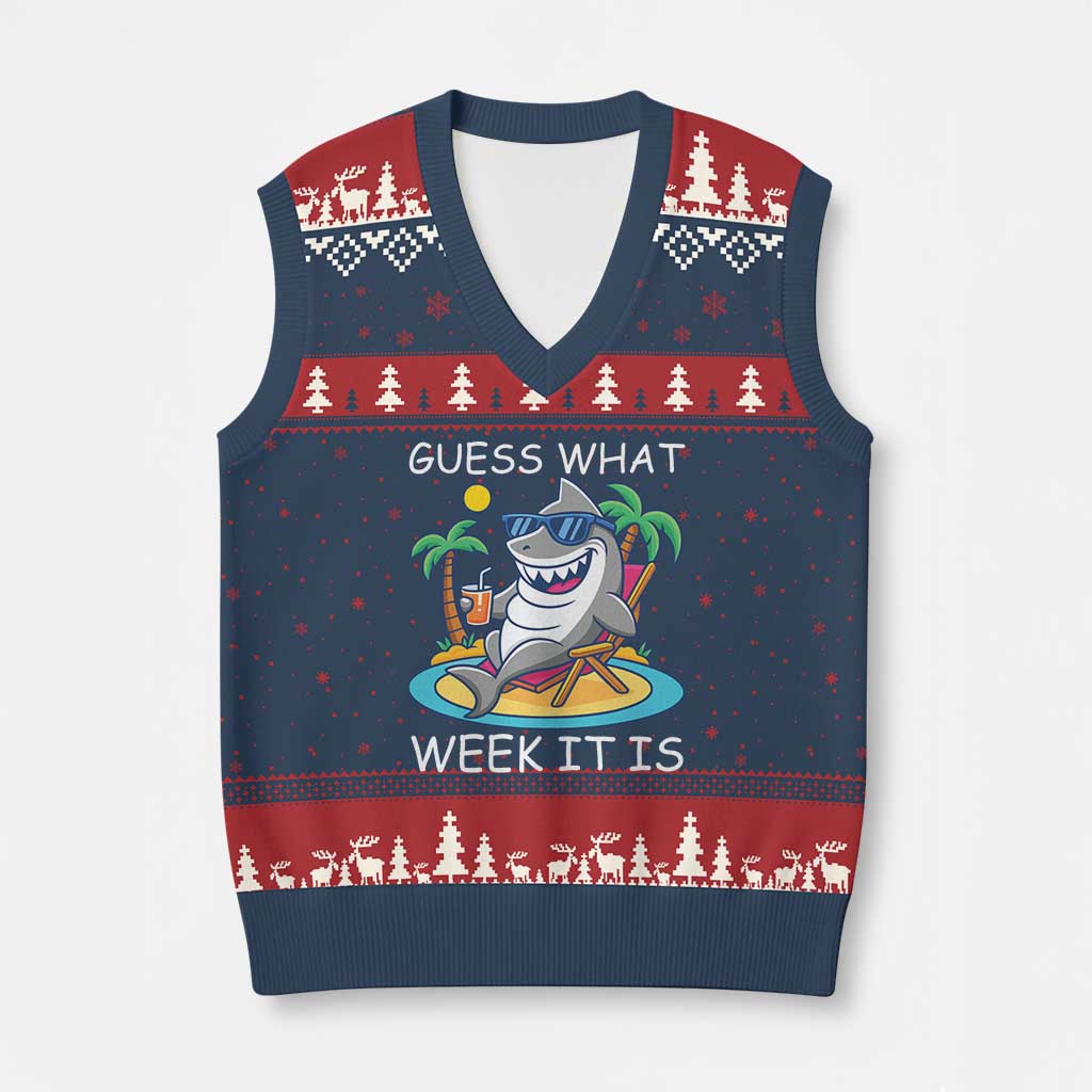 Funny Shark Lover Week V-Neck Knit Sweater Vest Week Guess What Week It Is Summer Beach - Wonder Print Shop