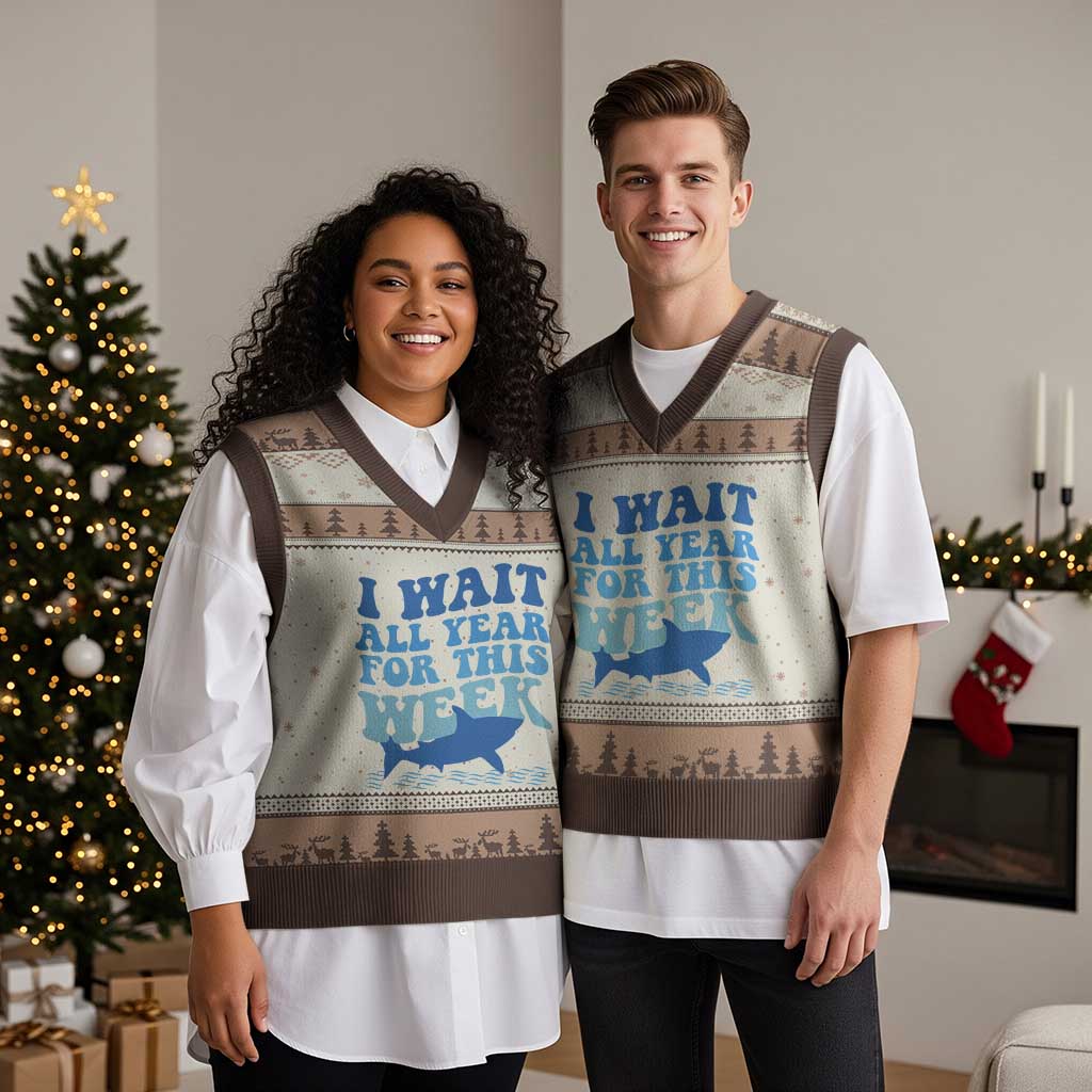 Funny Shark Lover Week V-Neck Knit Sweater Vest I Wait All Year For This Week Ocean - Wonder Print Shop