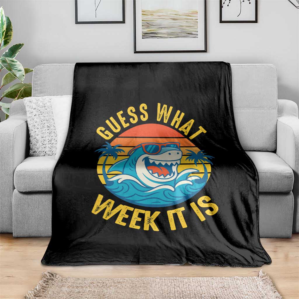 Funny Shark Lover Week Throw Blanket Guess What Week It Is Ocean Wildlife Retro Sunset - Wonder Print Shop