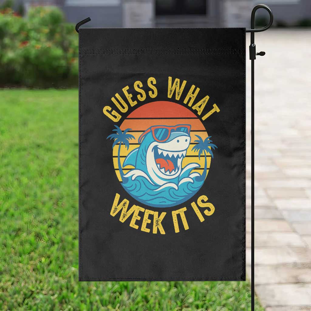 Funny Shark Lover Week Garden Flag Guess What Week It Is Ocean Wildlife Retro Sunset - Wonder Print Shop