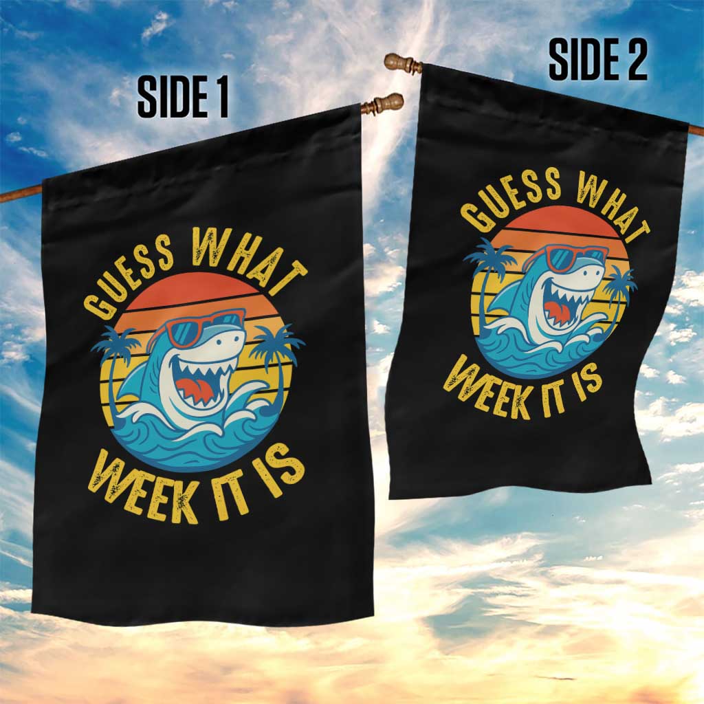 Funny Shark Lover Week Garden Flag Guess What Week It Is Ocean Wildlife Retro Sunset - Wonder Print Shop