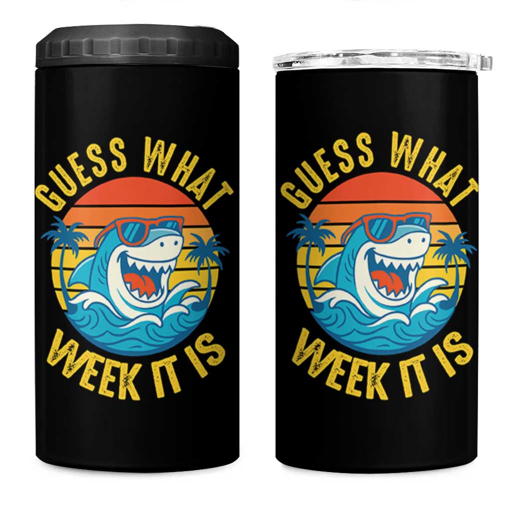 Funny Shark Lover Week 4 in 1 Can Cooler Tumbler Guess What Week It Is Ocean Wildlife Retro Sunset - Wonder Print Shop