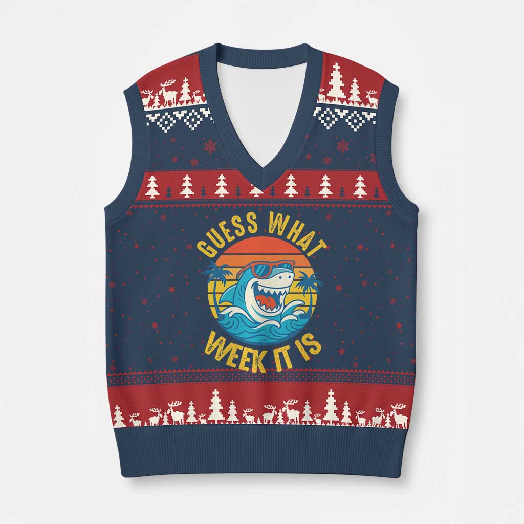 Funny Shark Lover Week V-Neck Knit Sweater Vest Guess What Week It Is Ocean Wildlife Retro Sunset - Wonder Print Shop