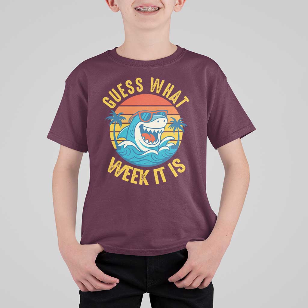 Funny Shark Lover Week T Shirt For Kid Guess What Week It Is Ocean Wildlife Retro Sunset - Wonder Print Shop