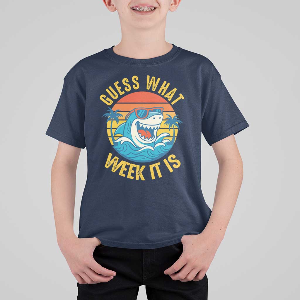 Funny Shark Lover Week T Shirt For Kid Guess What Week It Is Ocean Wildlife Retro Sunset - Wonder Print Shop