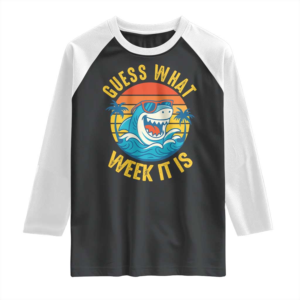 Funny Shark Lover Week Raglan Shirt Guess What Week It Is Ocean Wildlife Retro Sunset - Wonder Print Shop