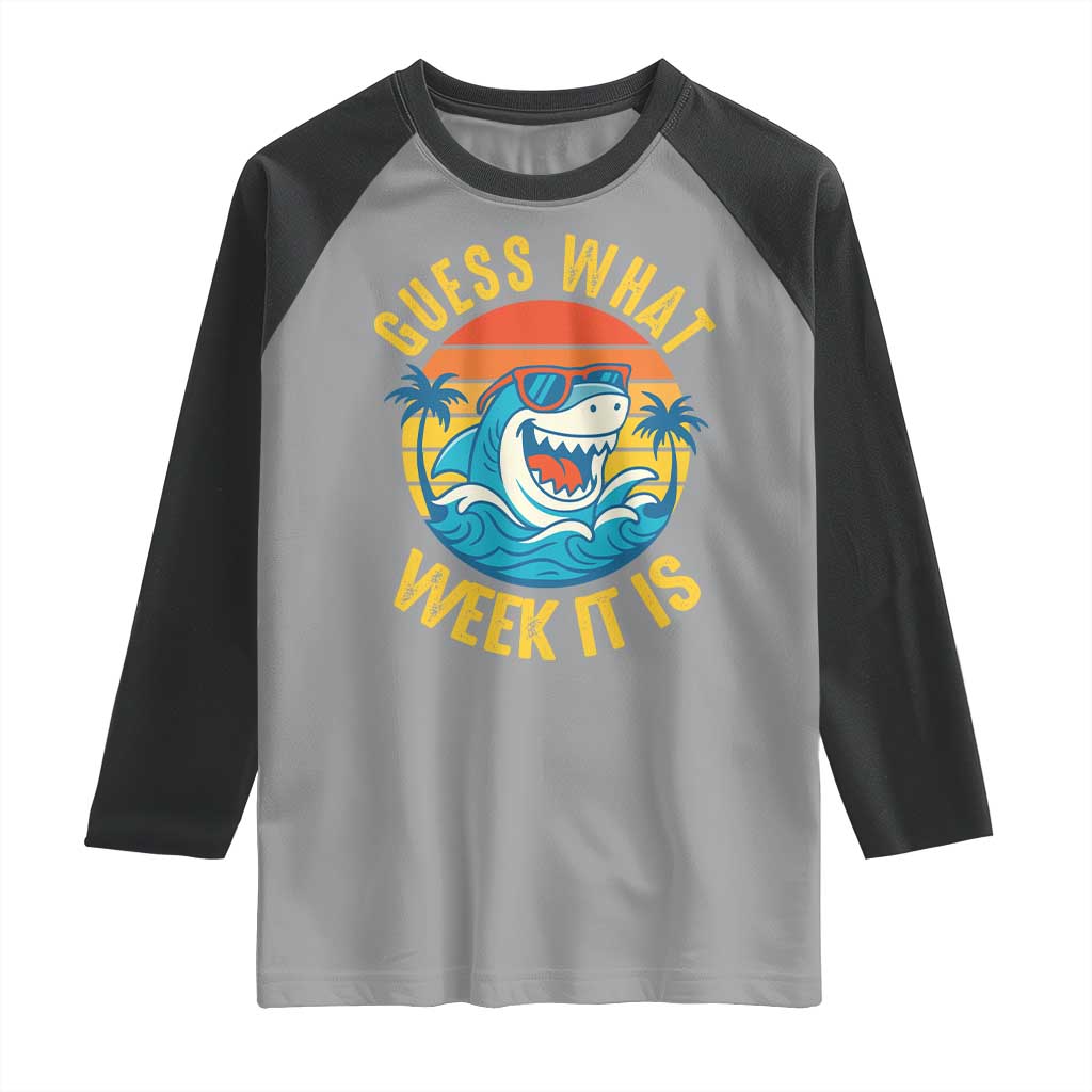 Funny Shark Lover Week Raglan Shirt Guess What Week It Is Ocean Wildlife Retro Sunset - Wonder Print Shop