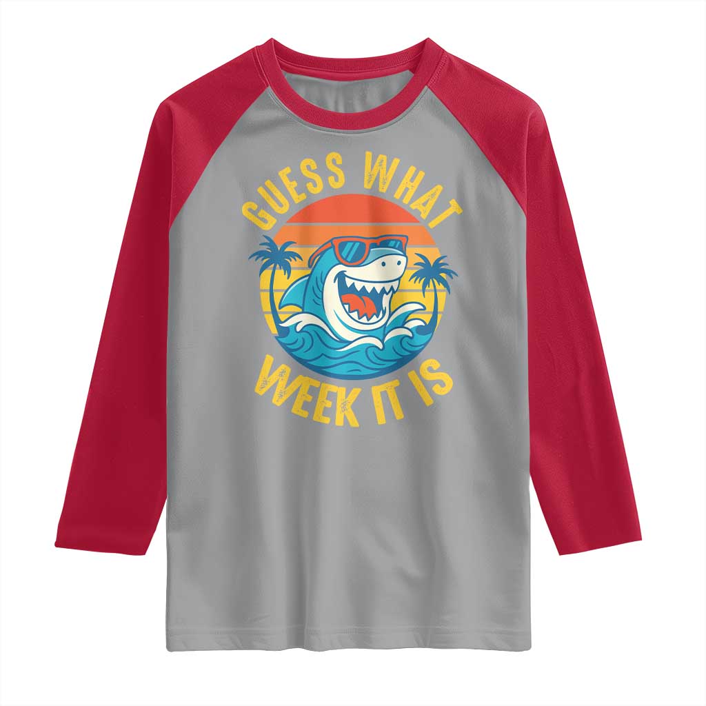 Funny Shark Lover Week Raglan Shirt Guess What Week It Is Ocean Wildlife Retro Sunset - Wonder Print Shop