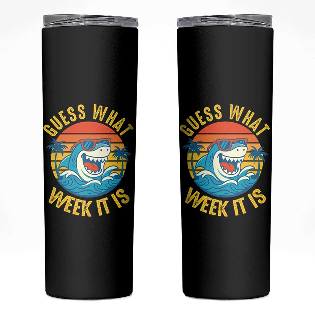 Funny Shark Lover Week Skinny Tumbler Guess What Week It Is Ocean Wildlife Retro Sunset - Wonder Print Shop