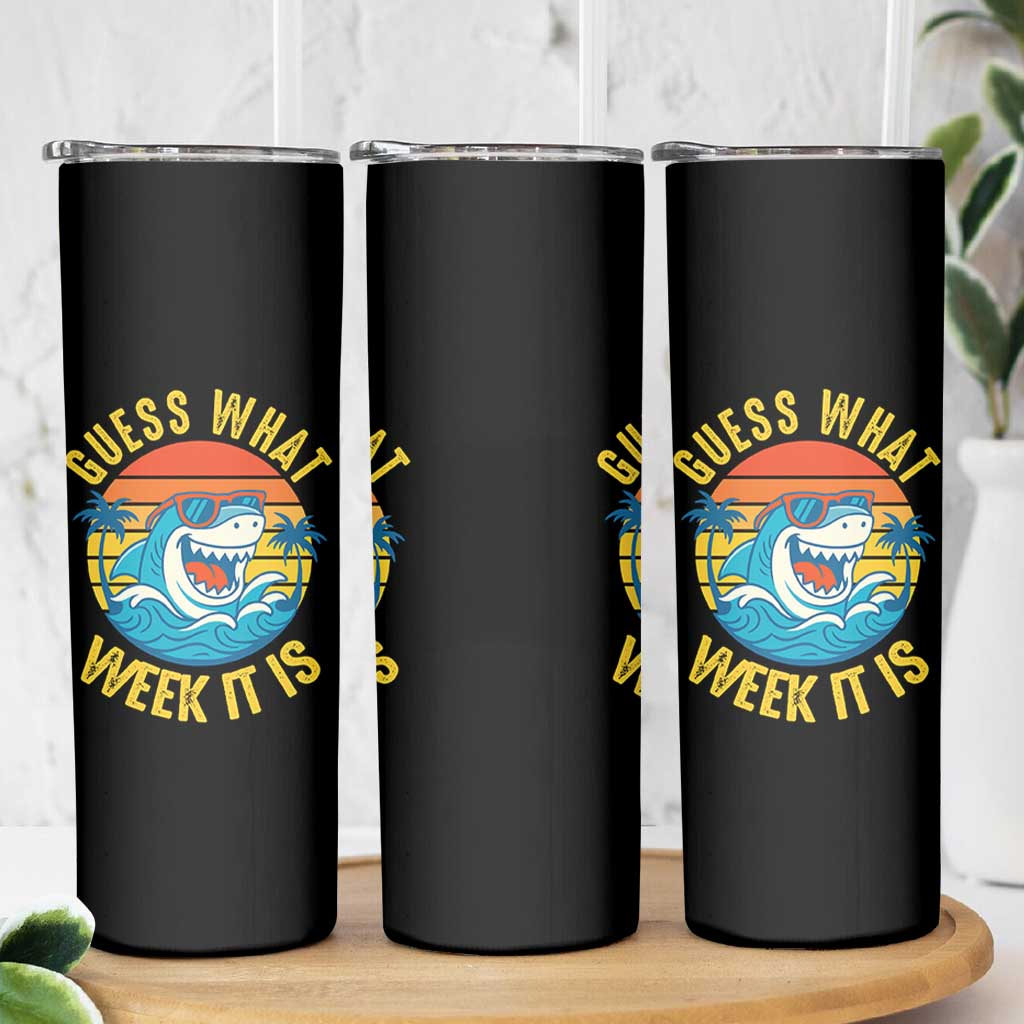 Funny Shark Lover Week Skinny Tumbler Guess What Week It Is Ocean Wildlife Retro Sunset - Wonder Print Shop