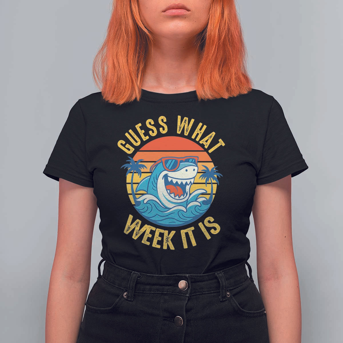 Funny Shark Lover Week T Shirt For Women Guess What Week It Is Ocean Wildlife Retro Sunset - Wonder Print Shop