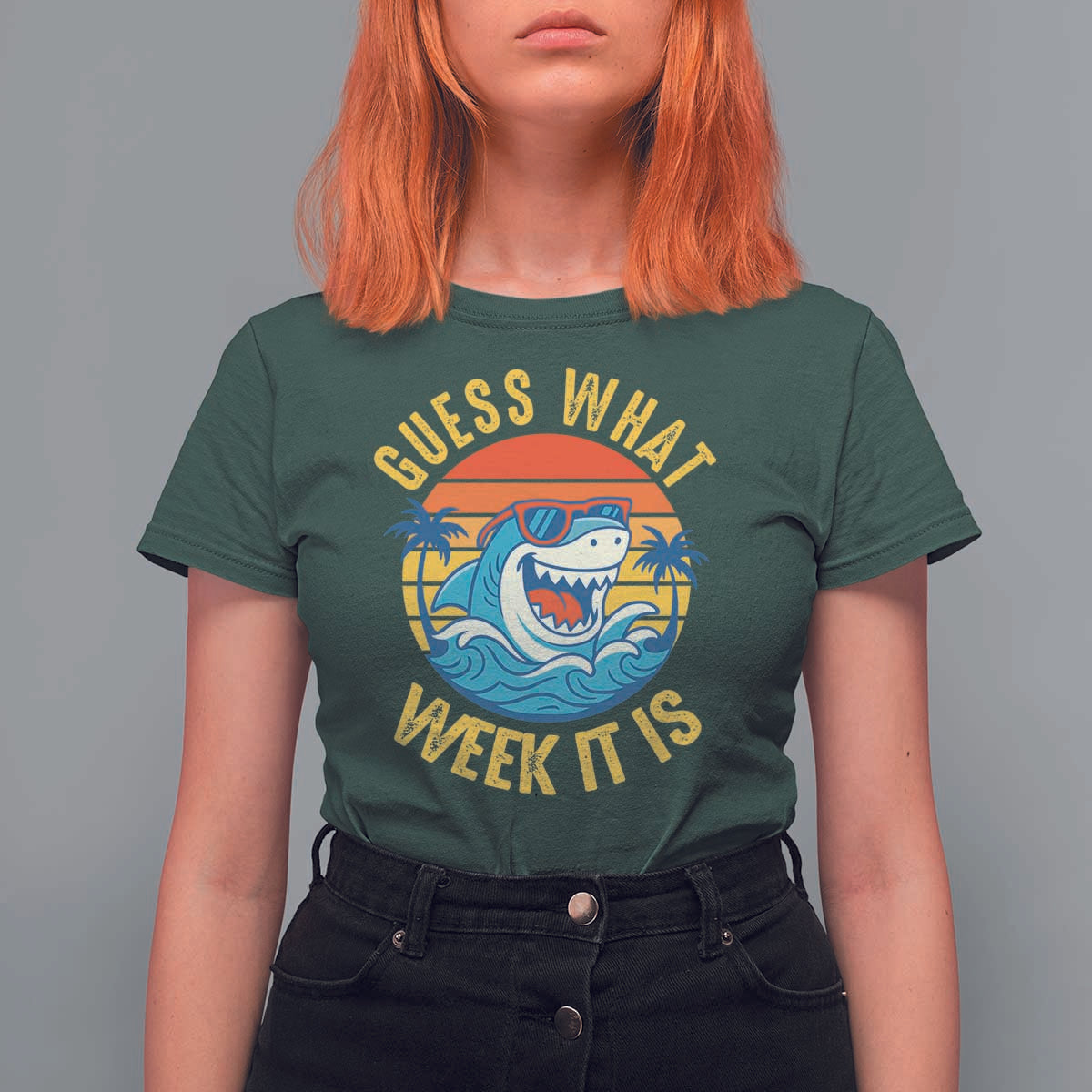 Funny Shark Lover Week T Shirt For Women Guess What Week It Is Ocean Wildlife Retro Sunset - Wonder Print Shop