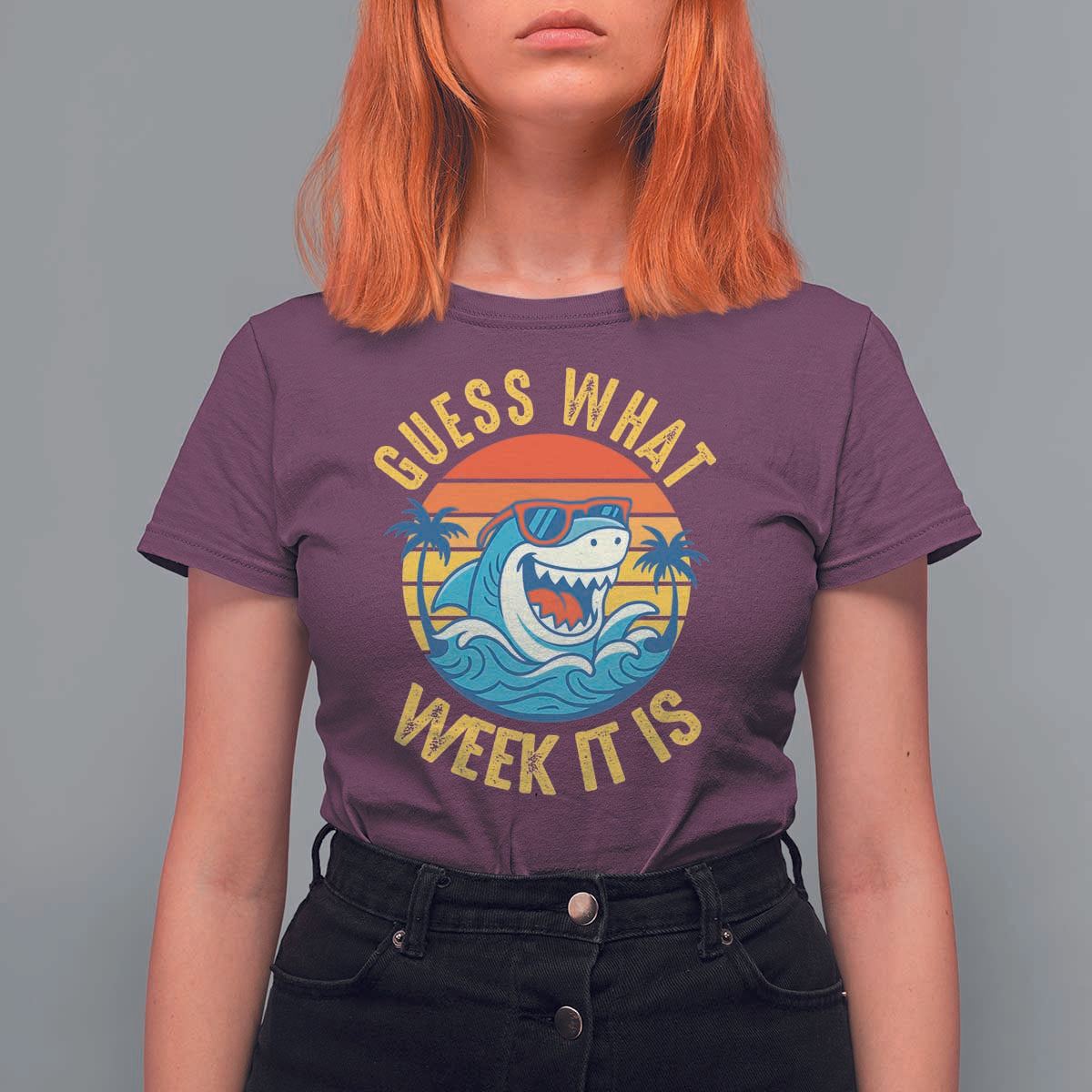 Funny Shark Lover Week T Shirt For Women Guess What Week It Is Ocean Wildlife Retro Sunset - Wonder Print Shop