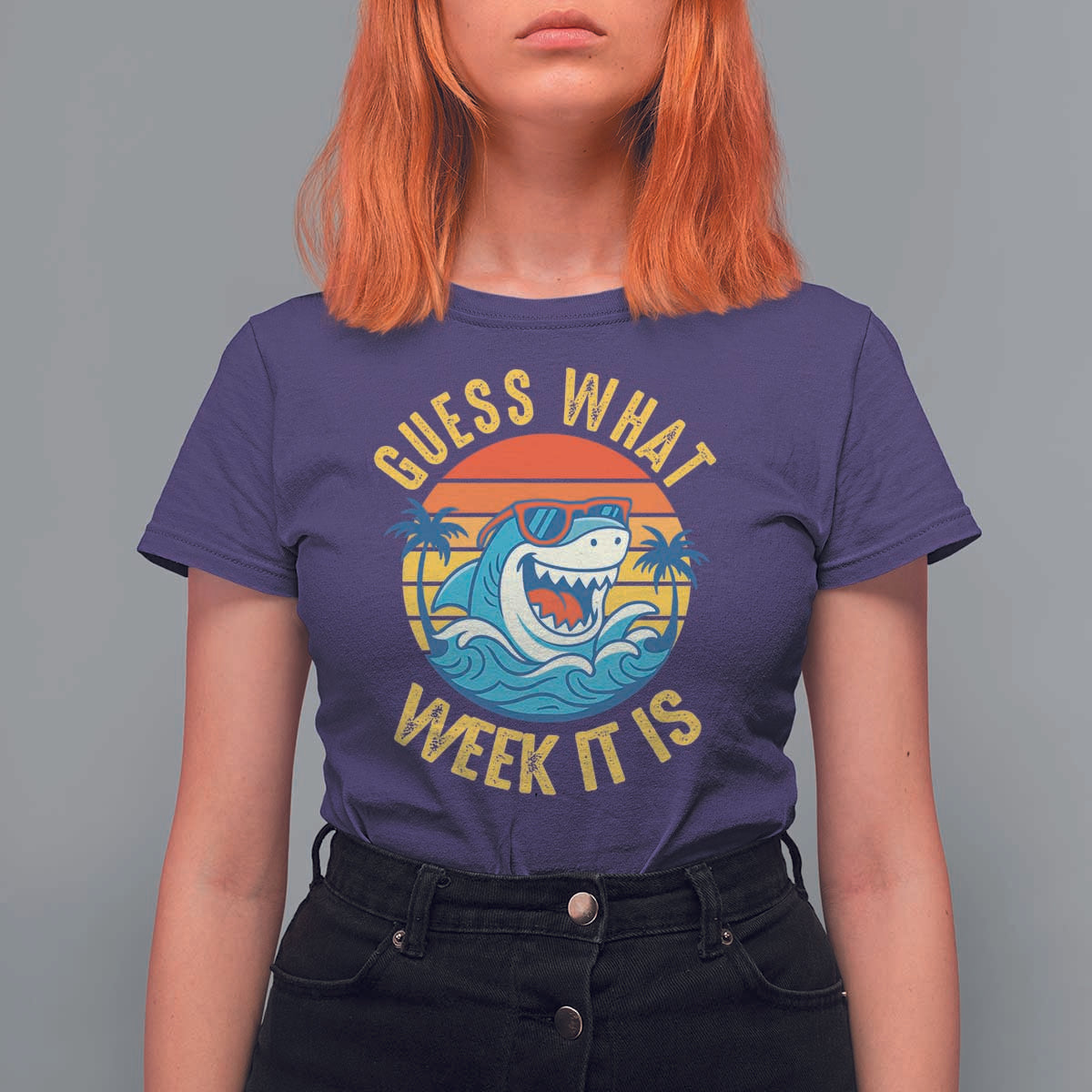 Funny Shark Lover Week T Shirt For Women Guess What Week It Is Ocean Wildlife Retro Sunset - Wonder Print Shop