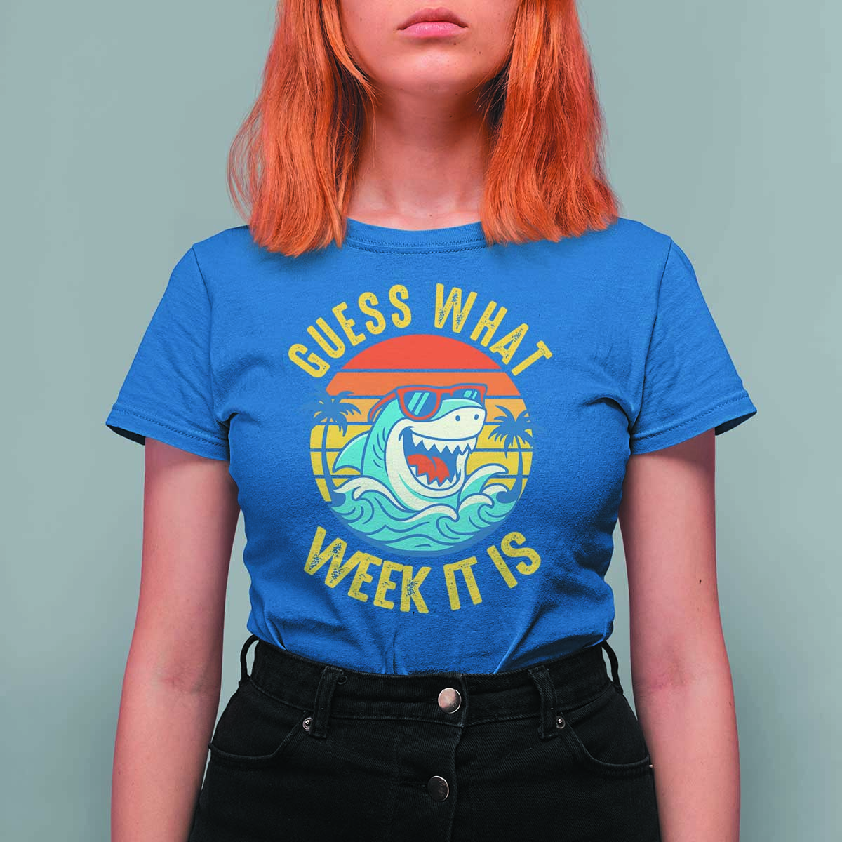 Funny Shark Lover Week T Shirt For Women Guess What Week It Is Ocean Wildlife Retro Sunset - Wonder Print Shop