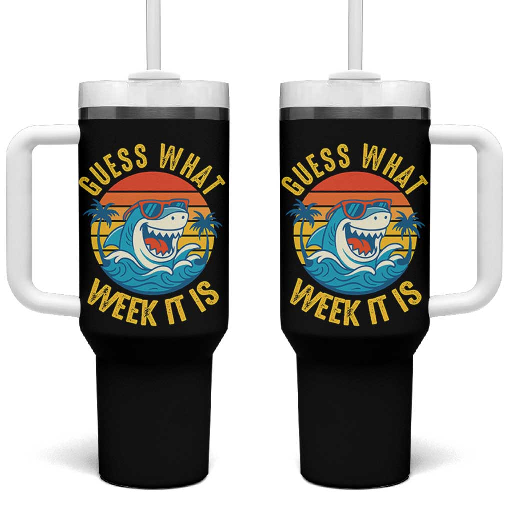 Funny Shark Lover Week Tumbler With Handle Guess What Week It Is Ocean Wildlife Retro Sunset - Wonder Print Shop