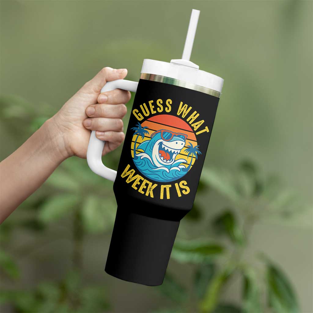Funny Shark Lover Week Tumbler With Handle Guess What Week It Is Ocean Wildlife Retro Sunset - Wonder Print Shop