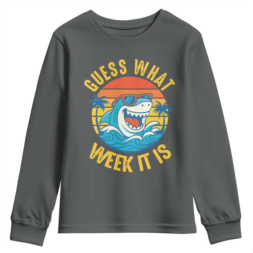 Funny Shark Lover Week Youth Sweatshirt Guess What Week It Is Ocean Wildlife Retro Sunset - Wonder Print Shop