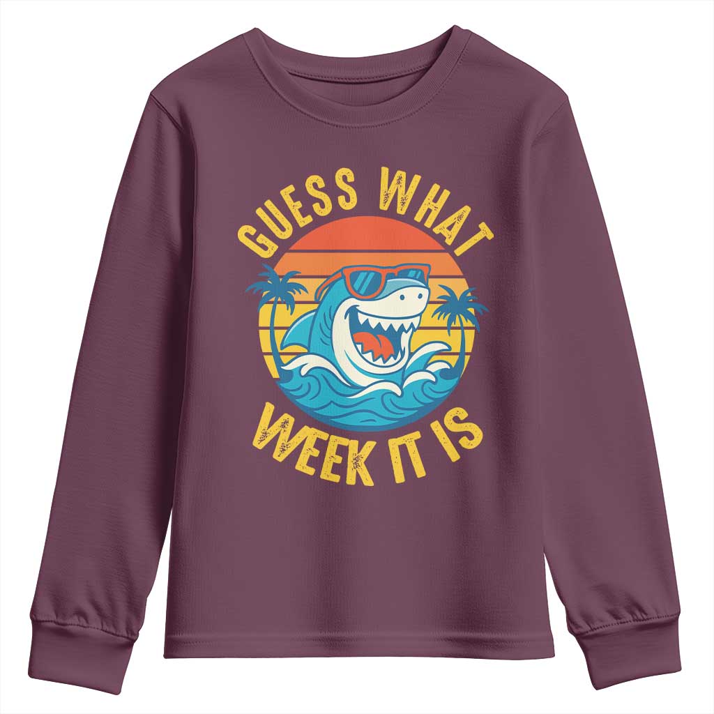 Funny Shark Lover Week Youth Sweatshirt Guess What Week It Is Ocean Wildlife Retro Sunset - Wonder Print Shop