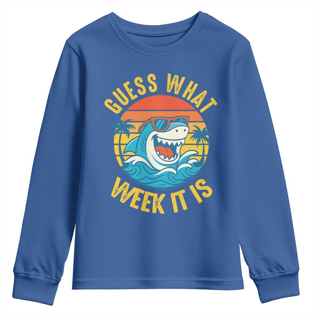 Funny Shark Lover Week Youth Sweatshirt Guess What Week It Is Ocean Wildlife Retro Sunset - Wonder Print Shop