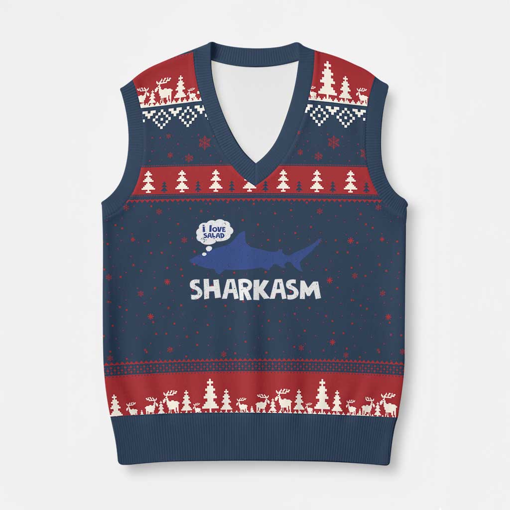 Funny Shark Sarcasm V-Neck Knit Sweater Vest Shark Sharkasm Marine Biology Vintage - Wonder Print Shop