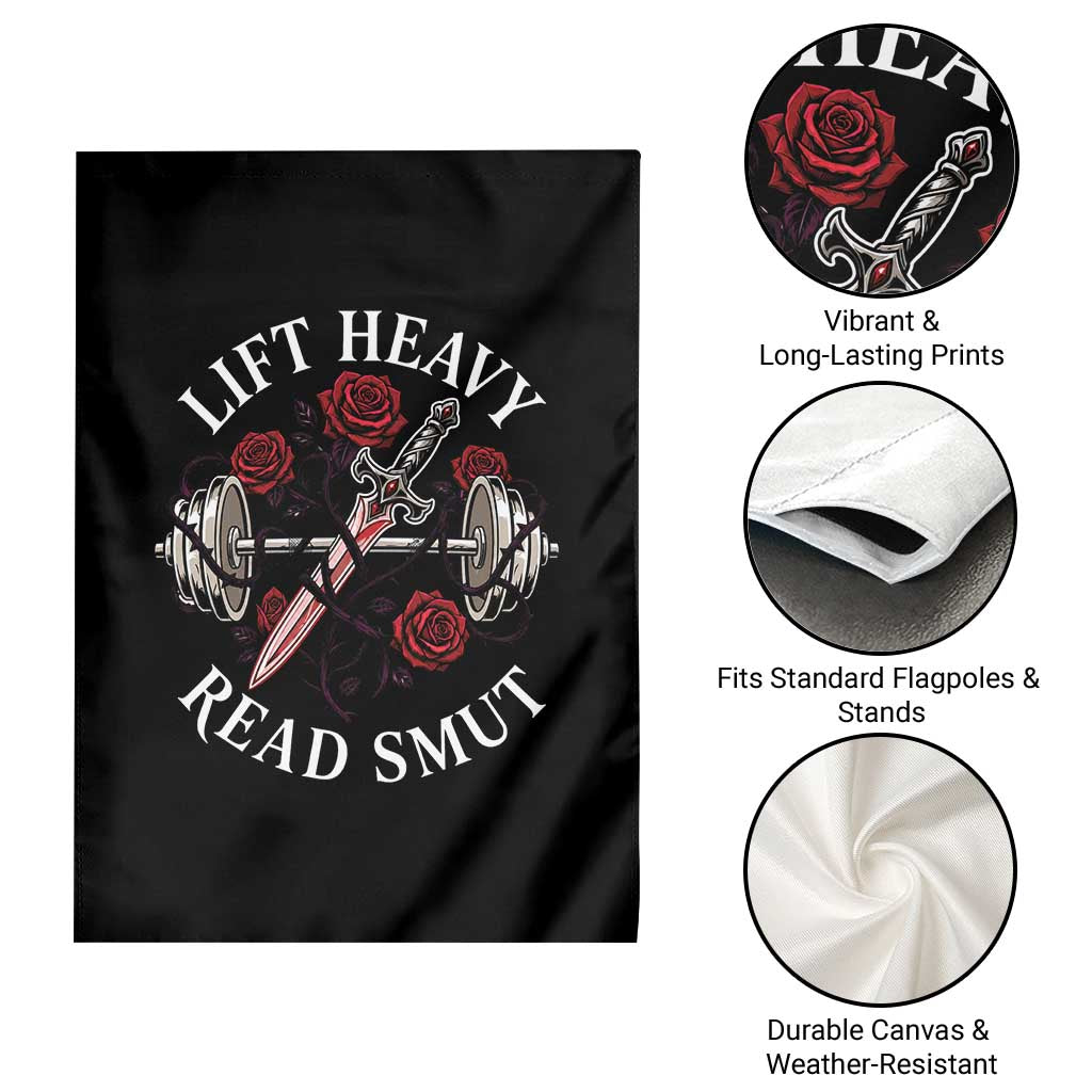 Lift Heavy Read Smut Funny Bookish Fitness Garden Flag Vintage Gothic Dagger Roses Weightlifting Spicy Romance Book Lover