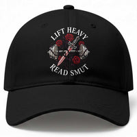 Lift Heavy Read Smut Funny Bookish Fitness Baseball Cap Vintage Gothic Dagger Roses Weightlifting Spicy Romance Book Lover