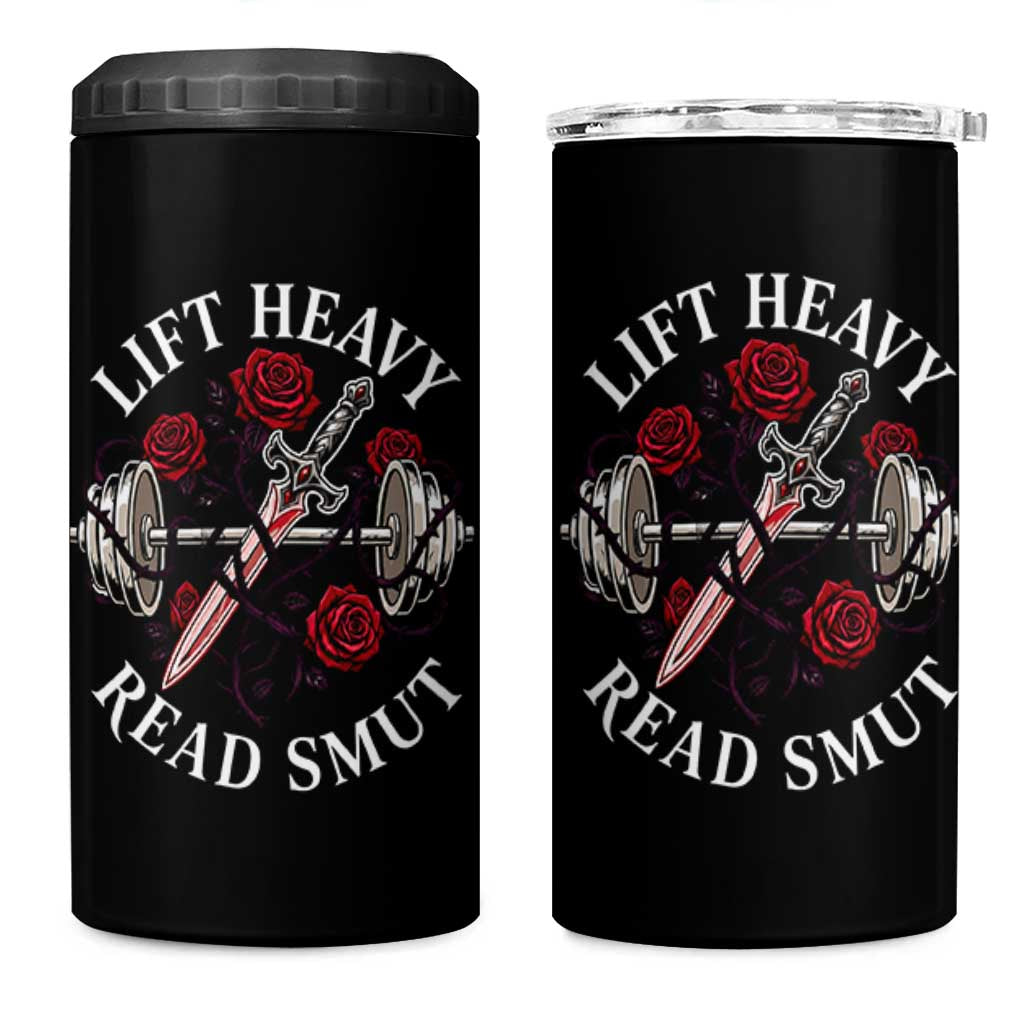 Lift Heavy Read Smut Funny Bookish Fitness 4 in 1 Can Cooler Tumbler Vintage Gothic Dagger Roses Weightlifting Spicy Romance Book Lover