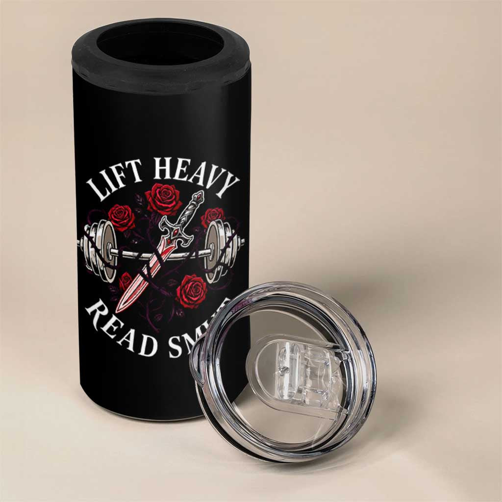 Lift Heavy Read Smut Funny Bookish Fitness 4 in 1 Can Cooler Tumbler Vintage Gothic Dagger Roses Weightlifting Spicy Romance Book Lover