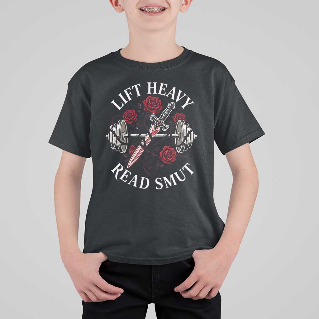 Lift Heavy Read Smut Funny Bookish Fitness T Shirt For Kid Vintage Gothic Dagger Roses Weightlifting Spicy Romance Book Lover