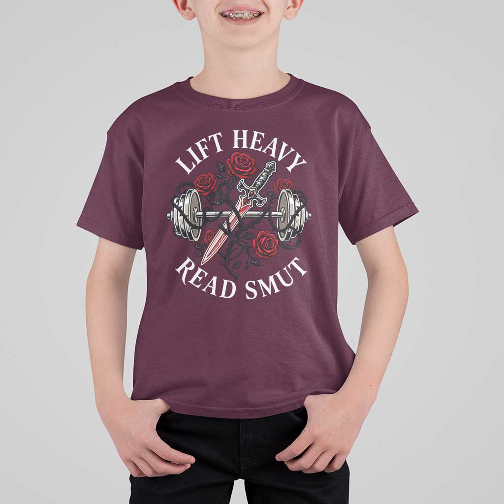 Lift Heavy Read Smut Funny Bookish Fitness T Shirt For Kid Vintage Gothic Dagger Roses Weightlifting Spicy Romance Book Lover